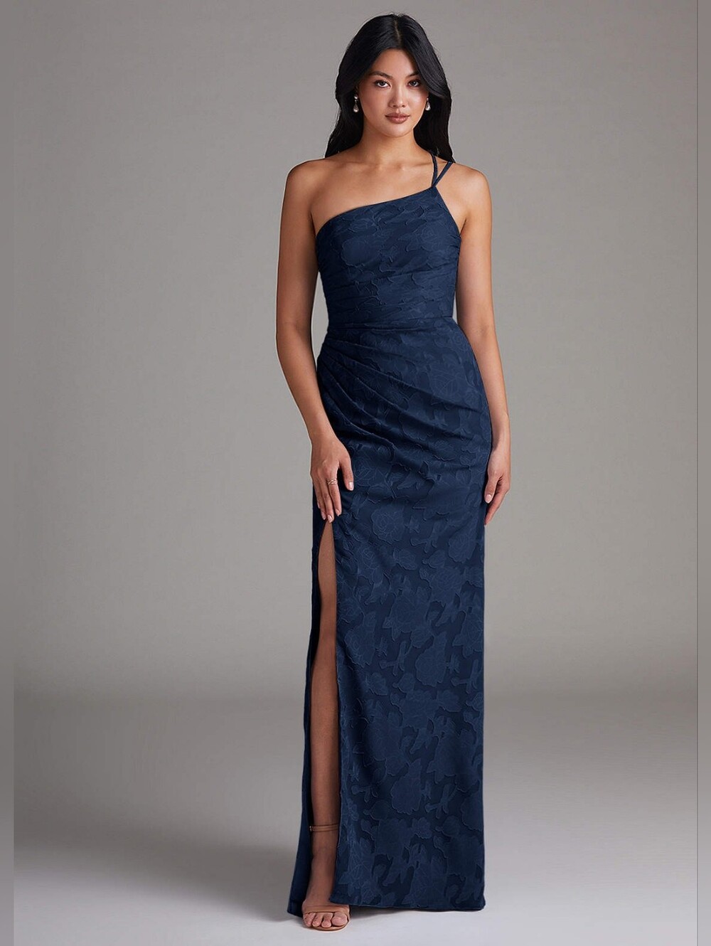 NWT Azazie Eren Dark Navy Sheath One Shoulder Floral Burnout Dress Size A8
